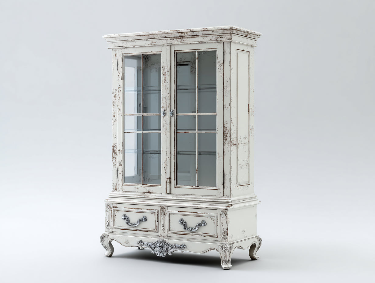 Vitrine - Bois-Verre - 102 x 46 x 194 cm - Blanc vieilli - Style antique patiné