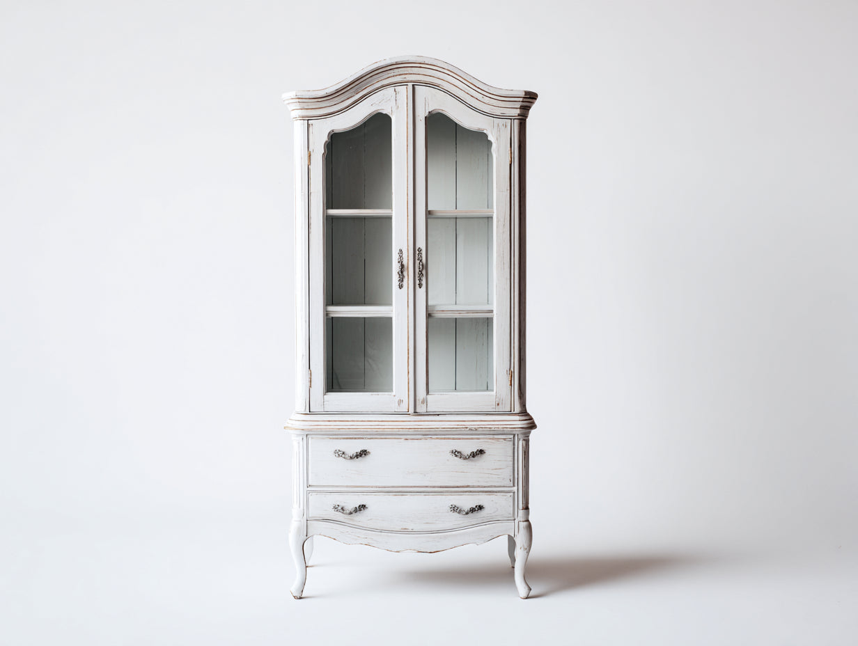 Vitrine - Bois-Verre - 101 x 47 x 198 cm - Blanc vieilli - Style romantique antique