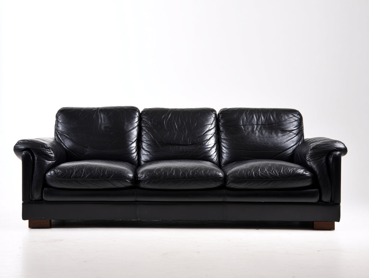 Canapé 3 places - Cuir - 220 x 96 x 90 cm - Noir - Style classique à accoudoirs courbes