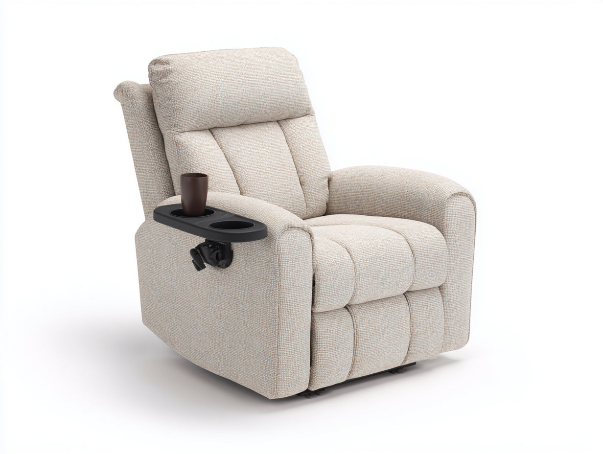 Fauteuil relax - Tissu chenillé - 92x97x103 cm - Beige lin - Style moderne avec tablette pivotante