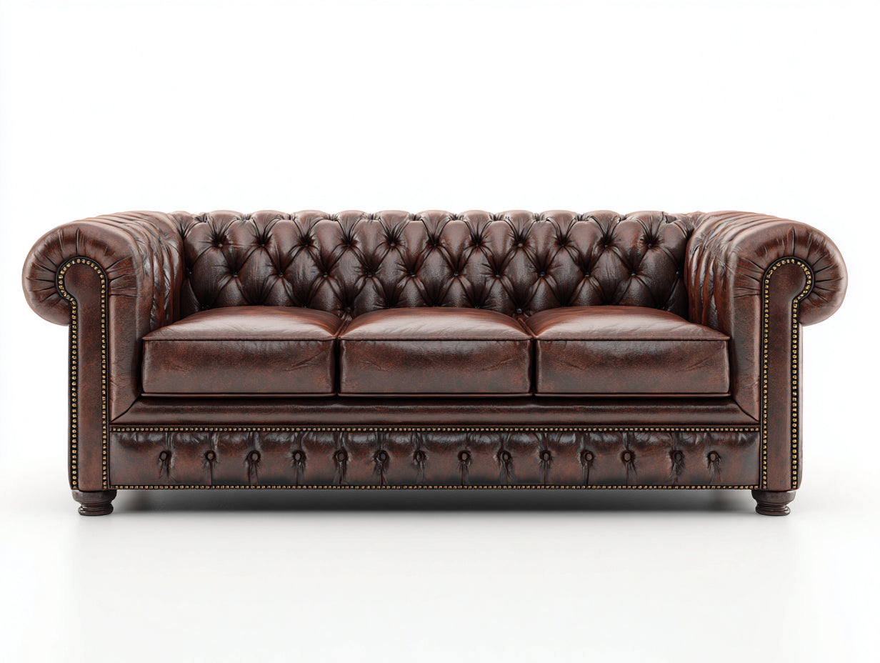 Canapé 3 places - Cuir - 224x94x78 cm - Marron acajou - Style Chesterfield