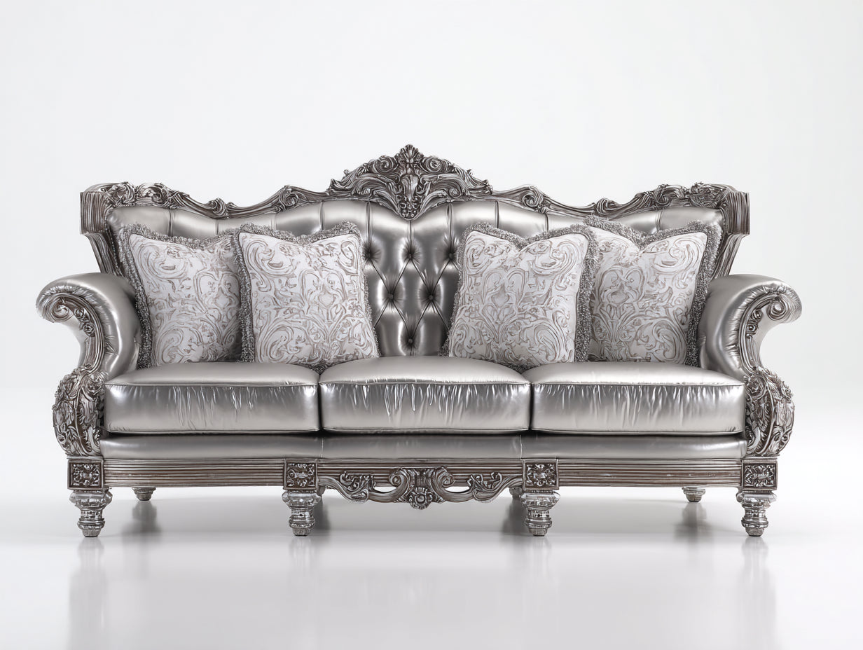 Canapé 3 places - Similicuir-Bois - 230 x 96 x 115 cm - Argent - Style baroque ornementé