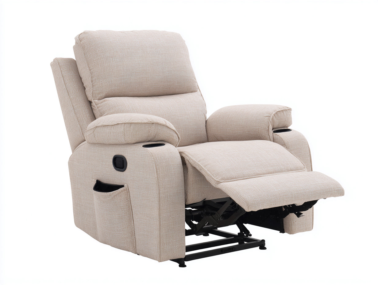 Fauteuil relax - Tissu - 98x99x106 cm - Beige - Style contemporain avec repose-jambes et porte-gobelets