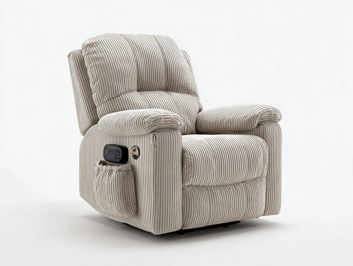Fauteuil relax - Velours côtelé - 93x98x104 cm - Gris beige - Style classique avec commande latérale