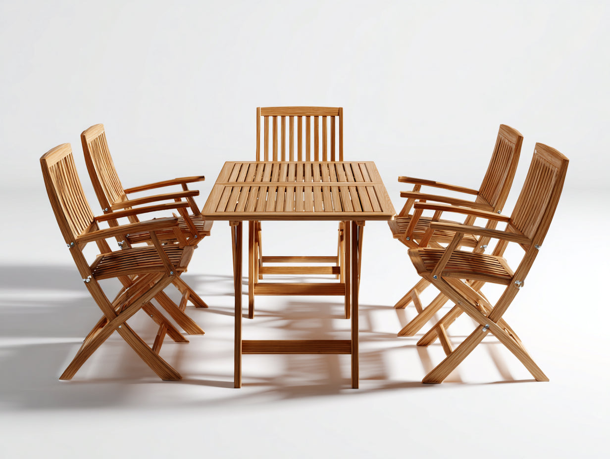 Salon de jardin repas - Bois - 160cm x 90cm x 75cm - Bois naturel - Style classique avec chaises pliantes