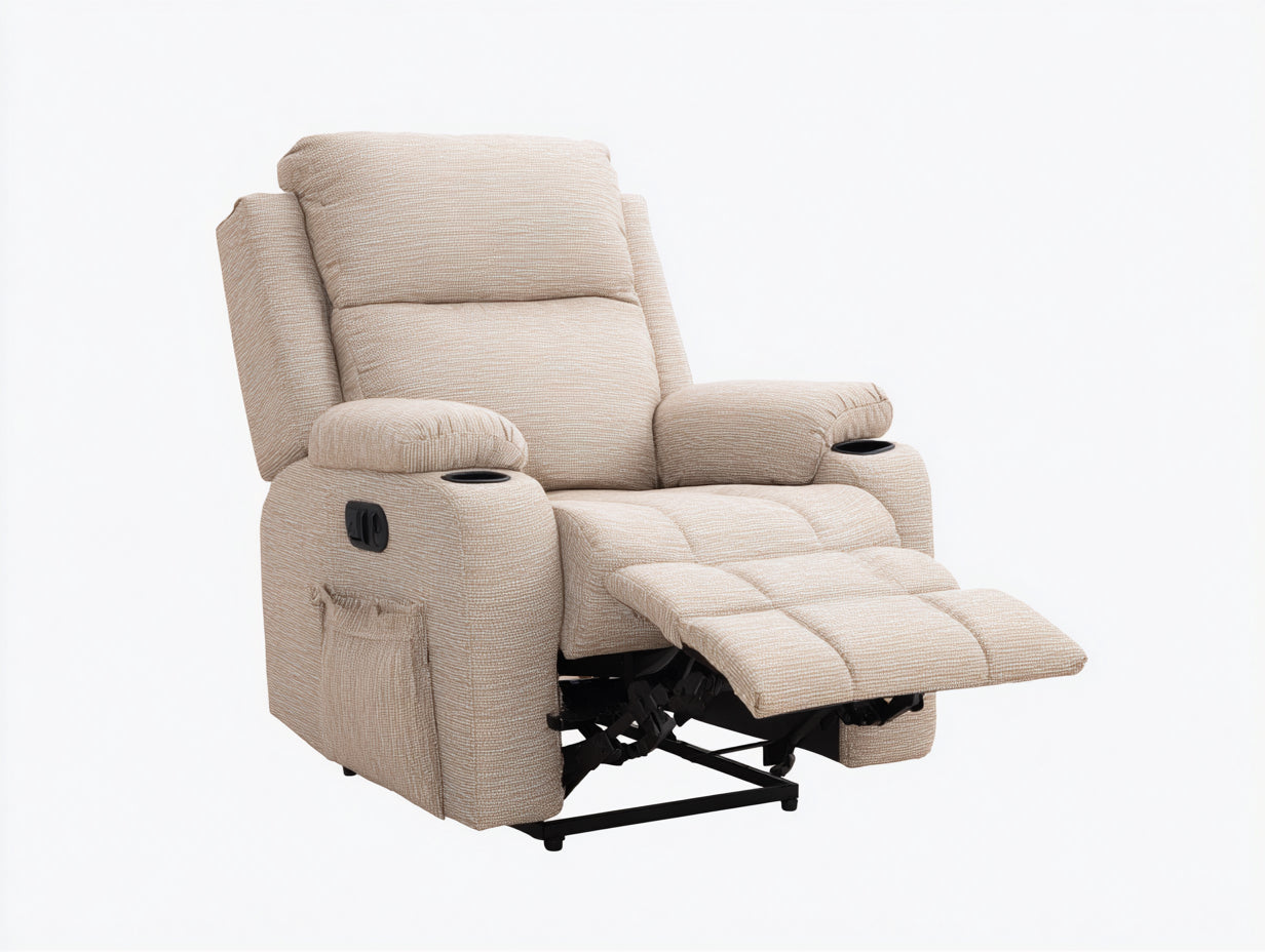 Fauteuil relax - Tissu chenillé - 98x101x106 cm - Beige sable - Style contemporain avec porte-gobelets