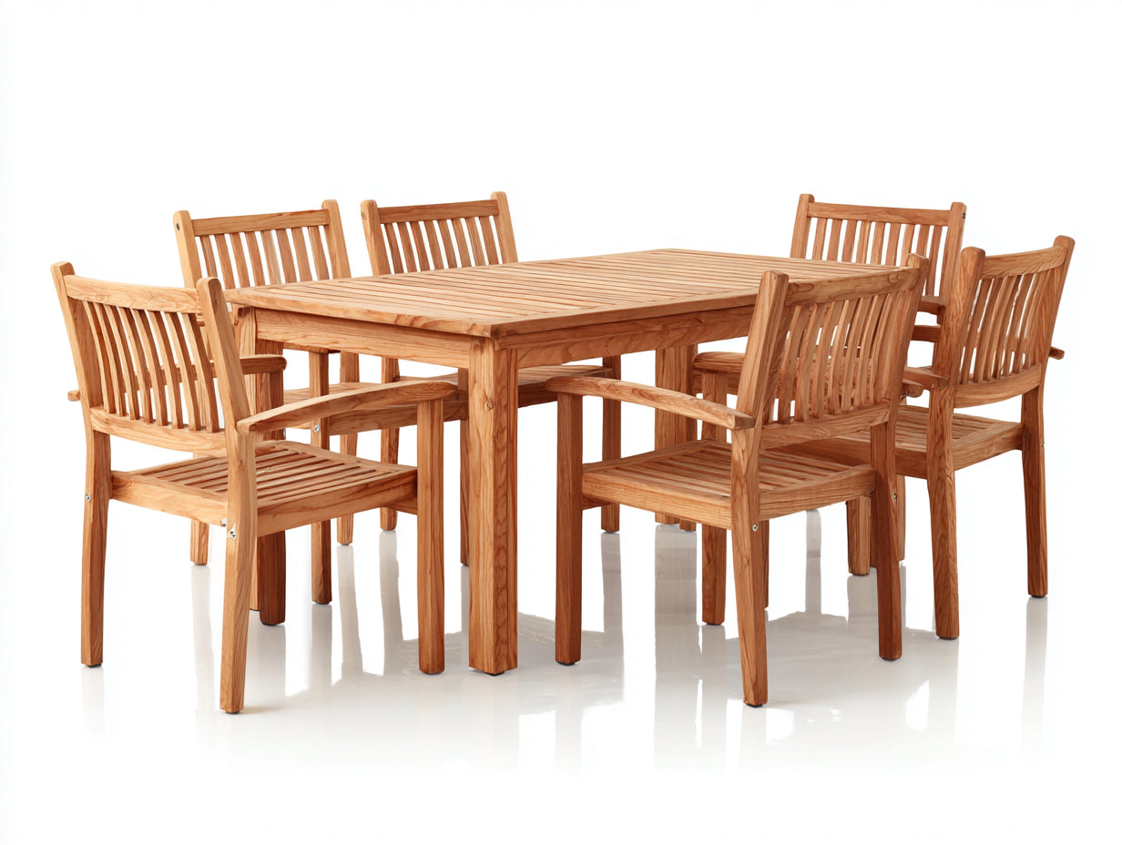 Salon de jardin repas - Bois - 180cm x 90cm x 75cm - Bois naturel - Style classique à lattes avec accoudoirs