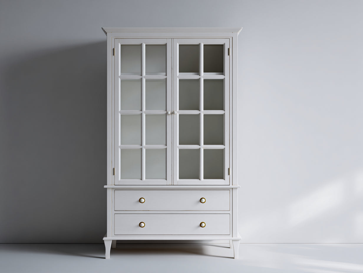 Vitrine - Bois-Verre - 112 x 47 x 198 cm - Blanc - Style classique avec rangement