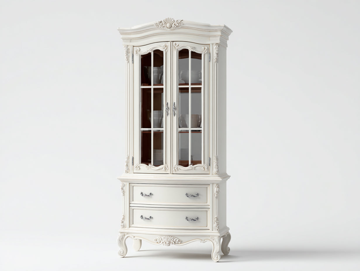 Vitrine - Bois-Verre - 103 x 49 x 211 cm - Ivoire - Style baroque sculpté