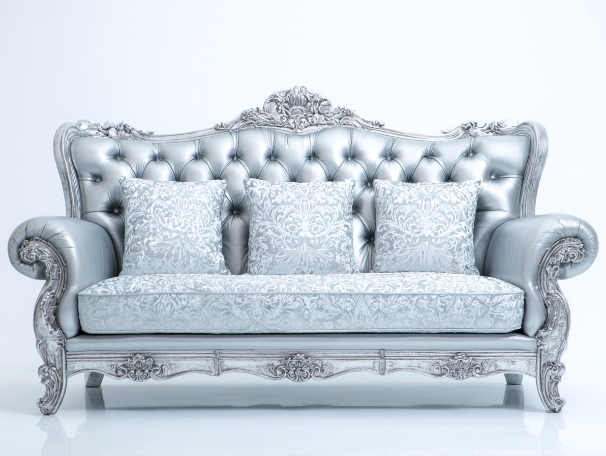 Canapé 3 places - Tissu-Similicuir-Bois - 218 x 92 x 118 cm - Argent-Blanc - Style baroque sculpté
